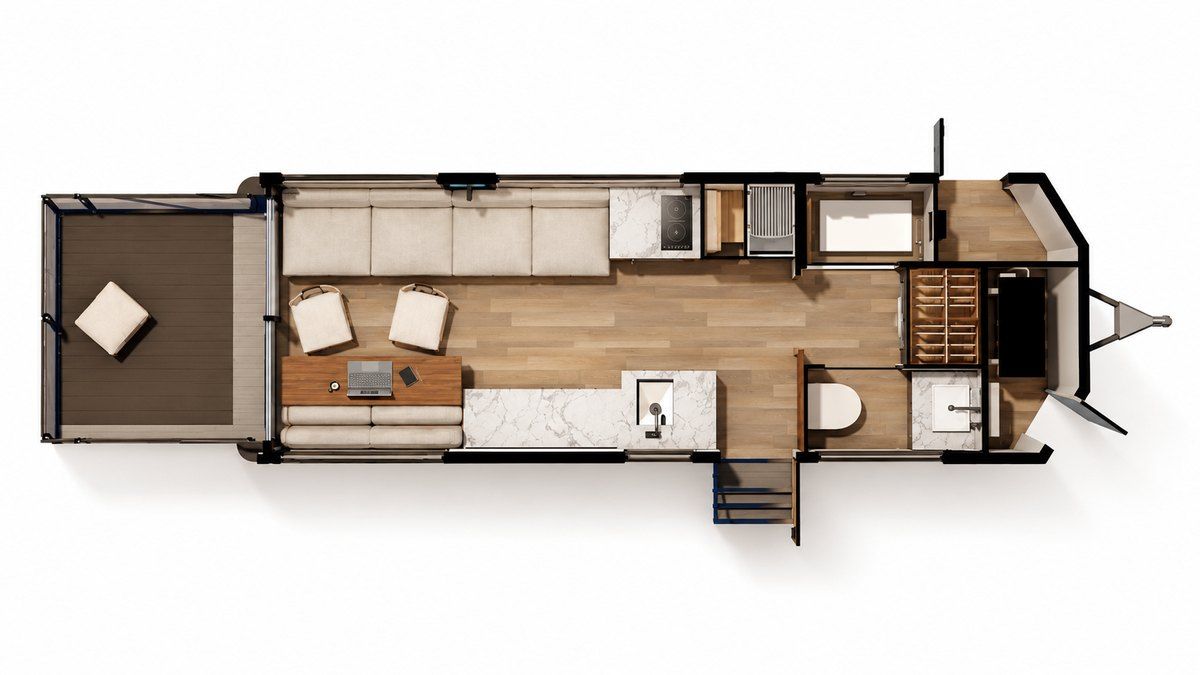 Floor plan of the LV Line: one main room, with the bath and kitchen fixed around it