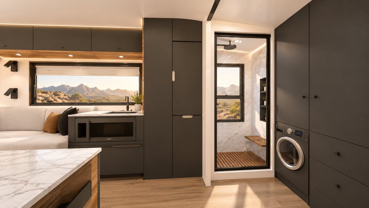 The LV Line wet room and laundry, seen from the kitchen