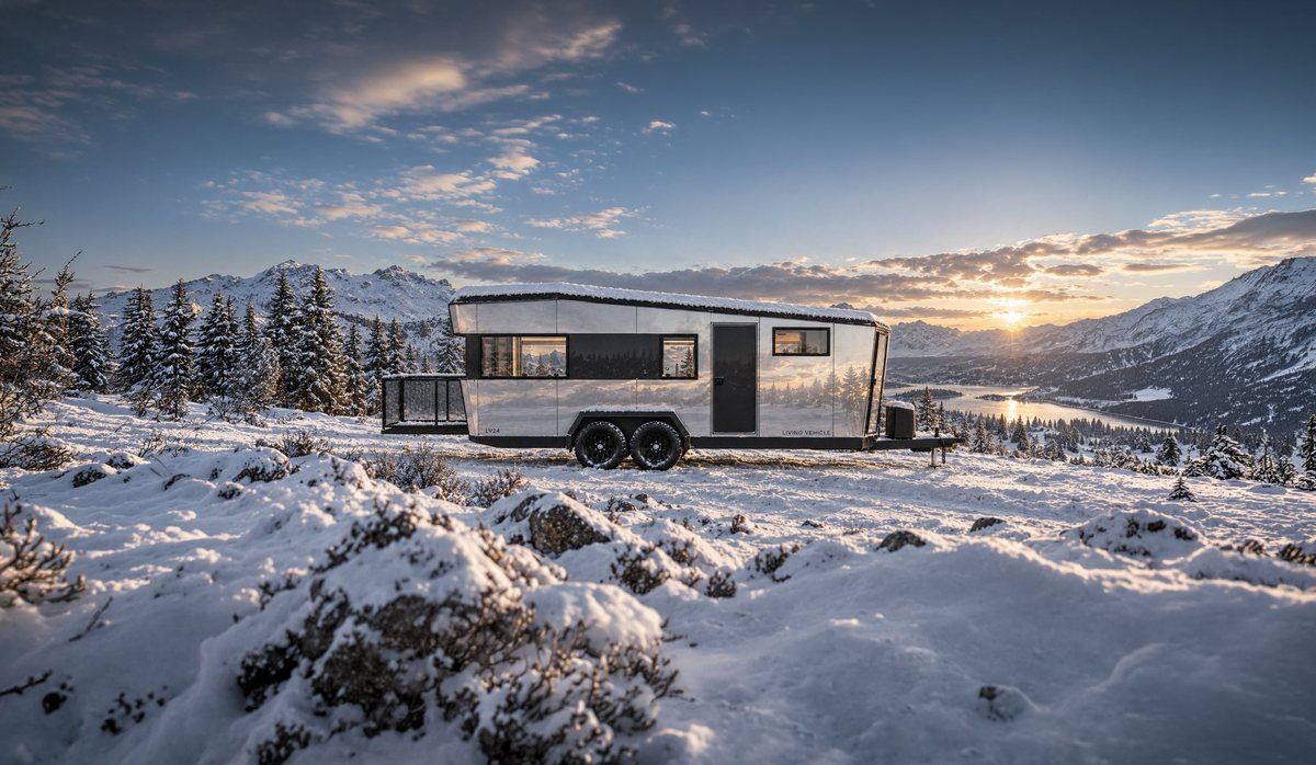An LV Line trailer at a snowy mountain camp at sunrise